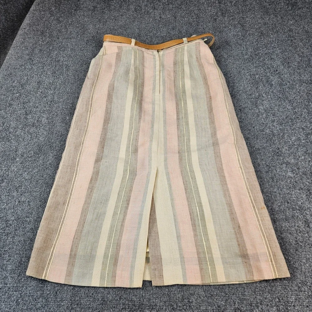 Vintage Jam California Striped Midi Skirt Pink Beige Belted Made in USA Size 9
